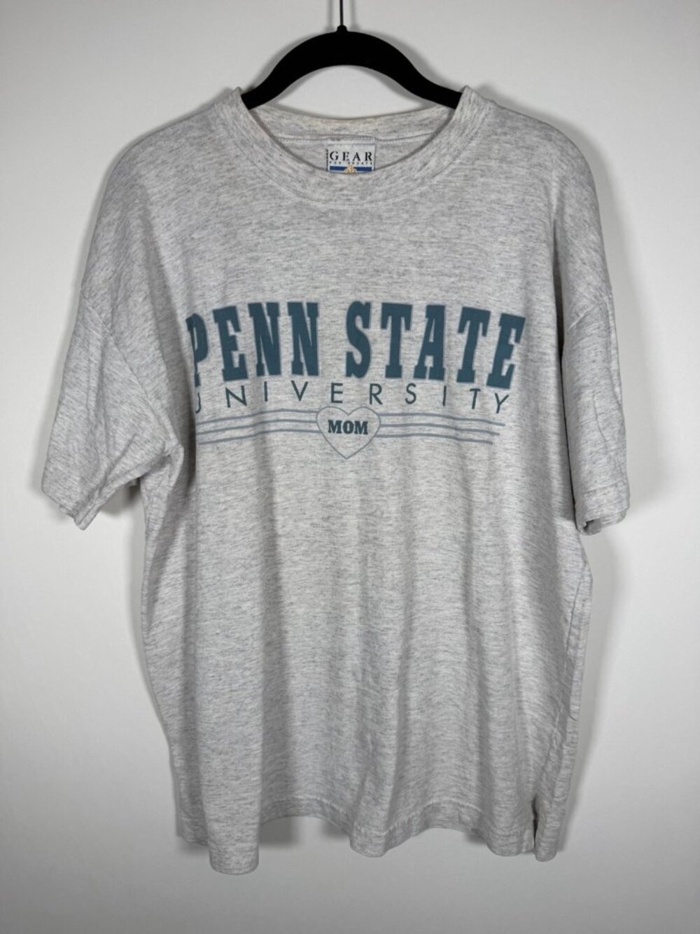 Vintage 90s GEAR Penn State University "Mom" heart logo gray tshirt L oversized